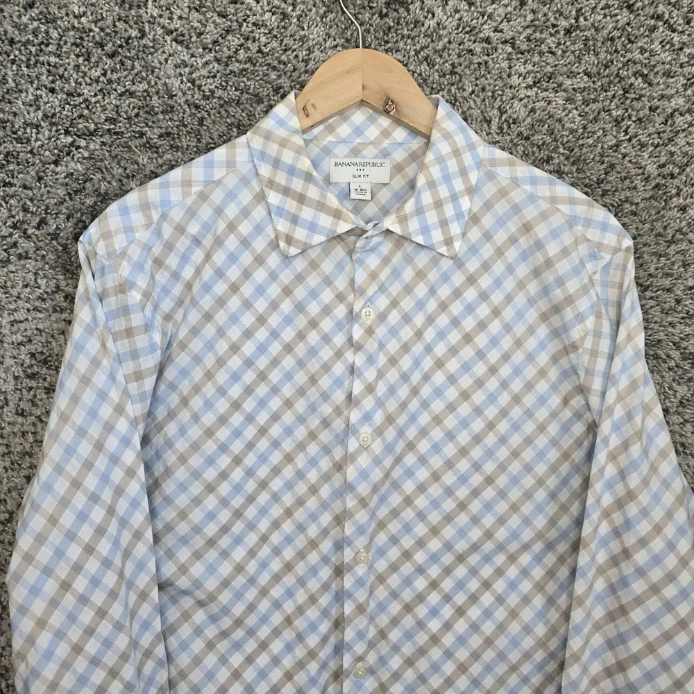 Banana Republic Shirt Mens‎ Large 16-16.5 Blue Plaid Button Up Slim Fit Casual